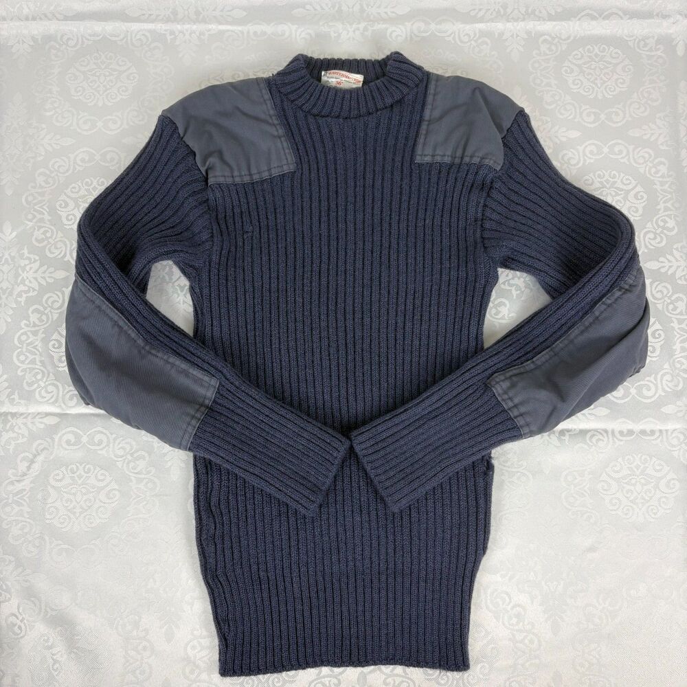 100% Wool Sweater Blue Elbow Patch Ribbed Union Brigade Utility Workwear XS/S 36